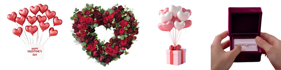set of A red rose in the shape of a heart, ring box in someone's hand, holiday gift box with heart-shaped balloons and red ribbon flying, Happy Valentine's Day banner, on a transparent backgrounds
