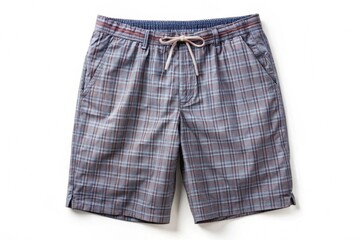 A man wearing a plaid swim trunks