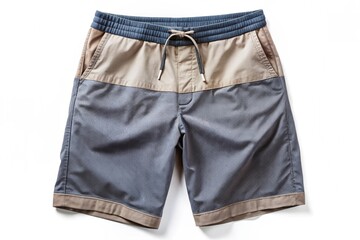 A man wearing a plaid swim trunks