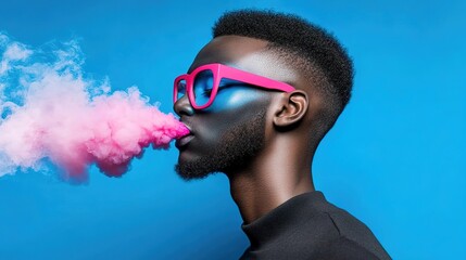 Modern Man with Pink Glasses Exhaling Colorful Smoke on Blue Background