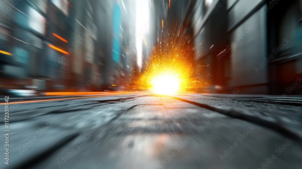 Poster dynamic explosion in urban setting with blurred motion effects