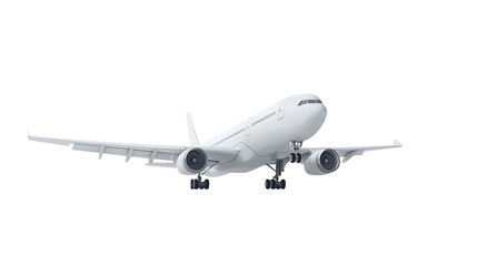 White commercial airplane in dynamic ascent isolated on white