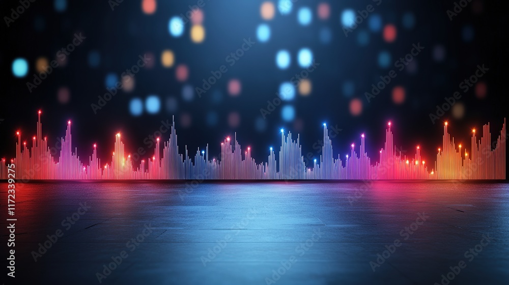 Poster colorful sound wave visualization with bokeh background effects