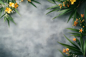 Tropical Flowers and Green Leaves on Textured Gray Background - Natural Floral Design