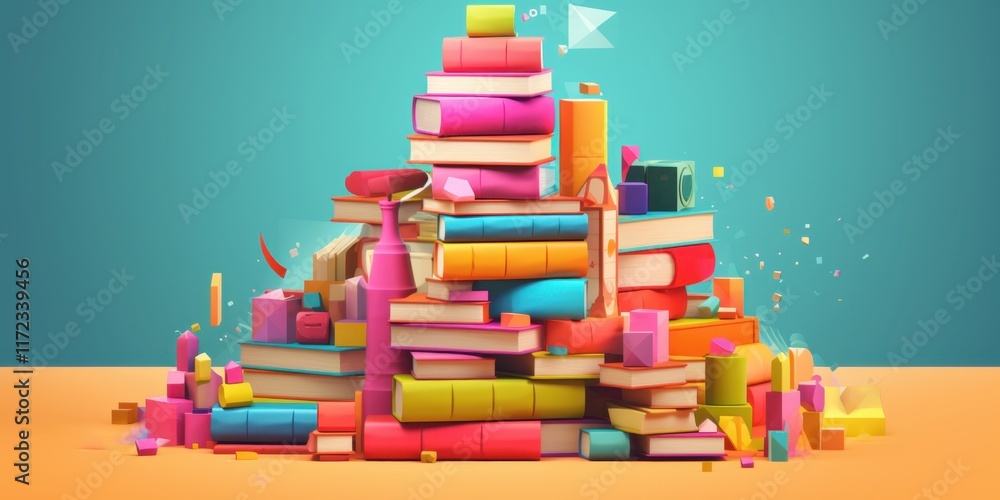 Poster a colorful explosion of knowledge: a vibrant 3d render of stacked books and geometric shapes