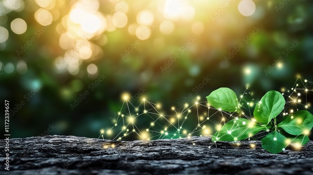 Poster green leaves on a log with abstract light connections in background