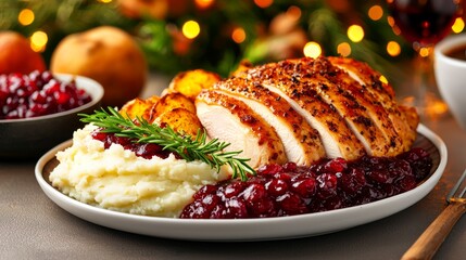 A beautifully plated meal featuring sliced roasted chicken, creamy mashed potatoes, and cranberry sauce, set against a festive backdrop with warm lights.