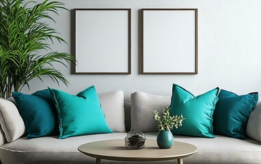 Modern living room interior design, teal pillows, coffee table, plant.