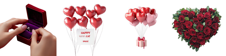 set of A red rose in the shape of a heart, ring box in someone's hand, holiday gift box with heart-shaped balloons and red ribbon flying, Happy Valentine's Day banner, on a transparent backgrounds