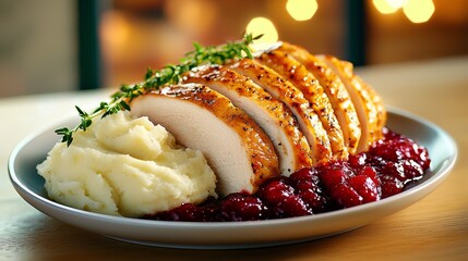A plate of succulent sliced turkey breast served with creamy mashed potatoes and vibrant cranberry sauce, garnished with fresh thyme.