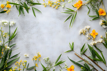 Tropical Flowers and Green Leaves on Textured Gray Background - Natural Floral Design