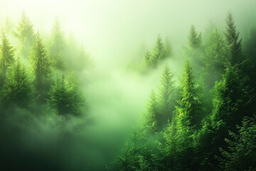 Obraz premium Misty sunrise over coniferous forest aerial view