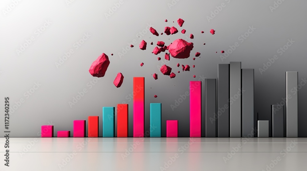 Poster vibrant bar graphs with colorful rocks flying in dynamic scene