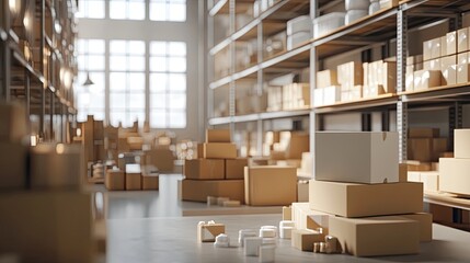 Warehouse inventory storage, boxes stacked, sunlight.  E-commerce logistics.