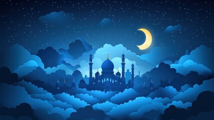Naklejka premium Night scene of a mosque nestled in clouds under a crescent moon and starry sky.