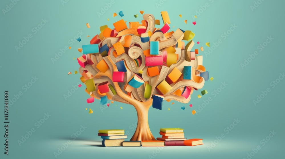 Poster a colorful book tree: knowledge grows from imagination and reading