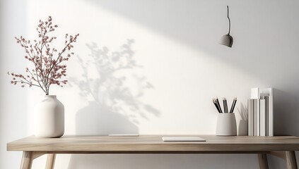 Minimalist Home Office Desk Setup with Sunlight and Flowers