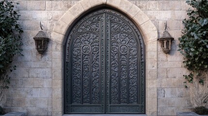 Fototapeta premium Ornamental gate with a medieval-inspired design, featuring arched patterns and embossed motifs