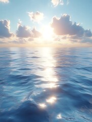 Obraz premium Serene ocean sunset with calm waves and glowing sunlight.