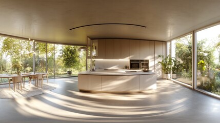 Fototapeta premium Modern kitchen with large windows, natural light, and greenery.