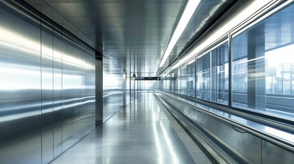 A sleek, modern corridor with metallic surfaces and bright lighting, designed for transit.