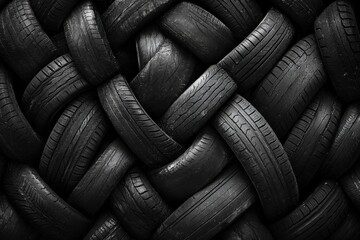 Obraz premium Creative Arrangement of Used Black Tires Showcasing Intricate Patterns and Textures