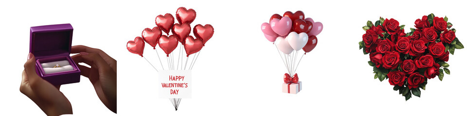 set of A red rose in the shape of a heart, ring box in someone's hand, holiday gift box with heart-shaped balloons and red ribbon flying, Happy Valentine's Day banner, on a transparent backgrounds