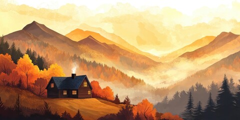 Autumn Cabin Nestled In Misty Mountain Valley