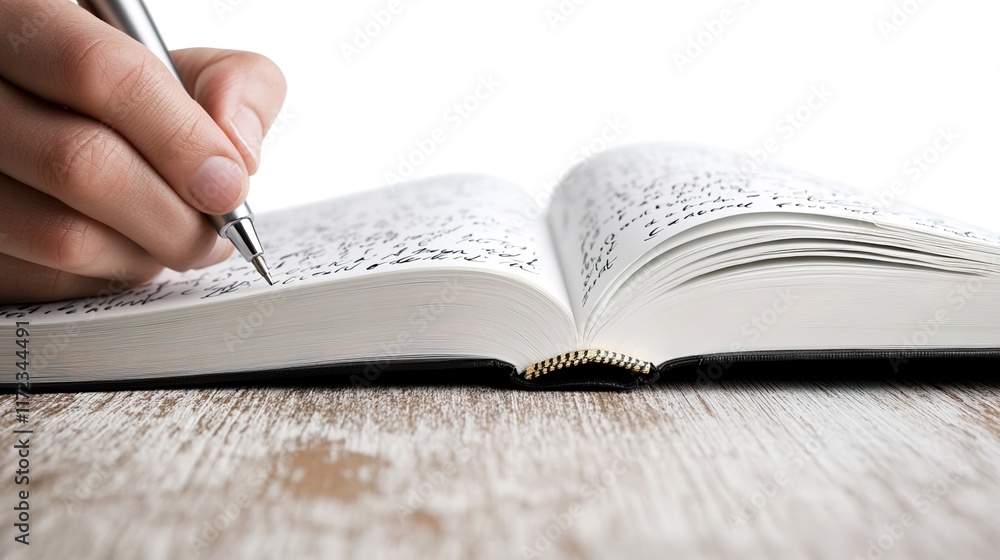 Poster hand writing notes in a notebook with a pen on a wooden table