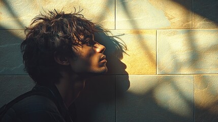 Pensive young man's profile, sunlight shadow on wall.