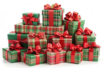 A stack of Christmas presents with red bows on them