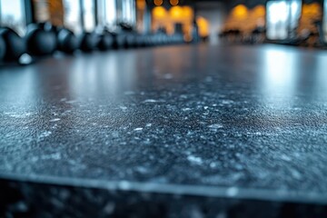sleek black countertop in a welllit gym ideal for showcasing sports nutrition products or equipment with blurred gym activity in the background creating an energetic atmosphere