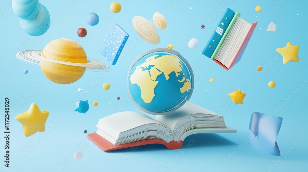 Poster a journey through knowledge: exploring the universe and earth with open books and planets