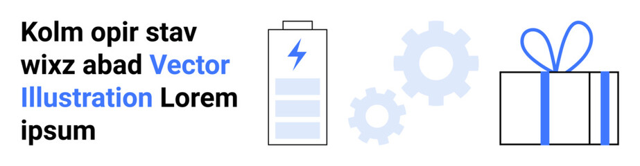 Charging battery icon, two gears, and a wrapped gift. Accompanying text includes lorem ipsum placeholder text. Ideal for technology, energy, gift-giving, mechanical concepts, presentations web