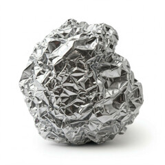 closeup of a crumpled ball of aluminum foil on a white background - obrazy, fototapety, plakaty