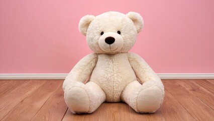 Obraz premium A fluffy brown teddy bear sitting on floor, isolated and cuddly, perfect for childhood memories and as a lovable gift