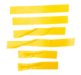Obraz premium Top view set of wrinkled or crumpled yellow adhesive vinyl tape or cloth tape in stripes shape isolated on white background with clipping path