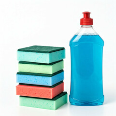 blue dish soap bottle and multicolored sponges on white background