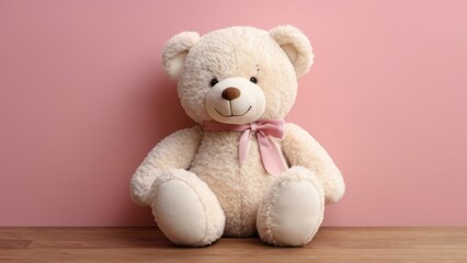 Fototapeta premium A fluffy brown teddy bear sitting on floor, isolated and cuddly, perfect for childhood memories and as a lovable gift