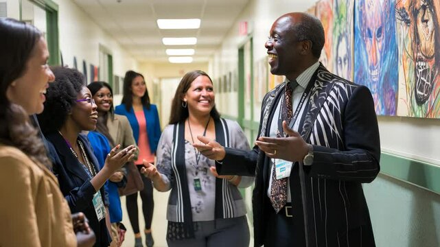 A school principal in a suit welcomes students in the hallway, shaking their hands as they walk by. All are smiling and excited for the new year