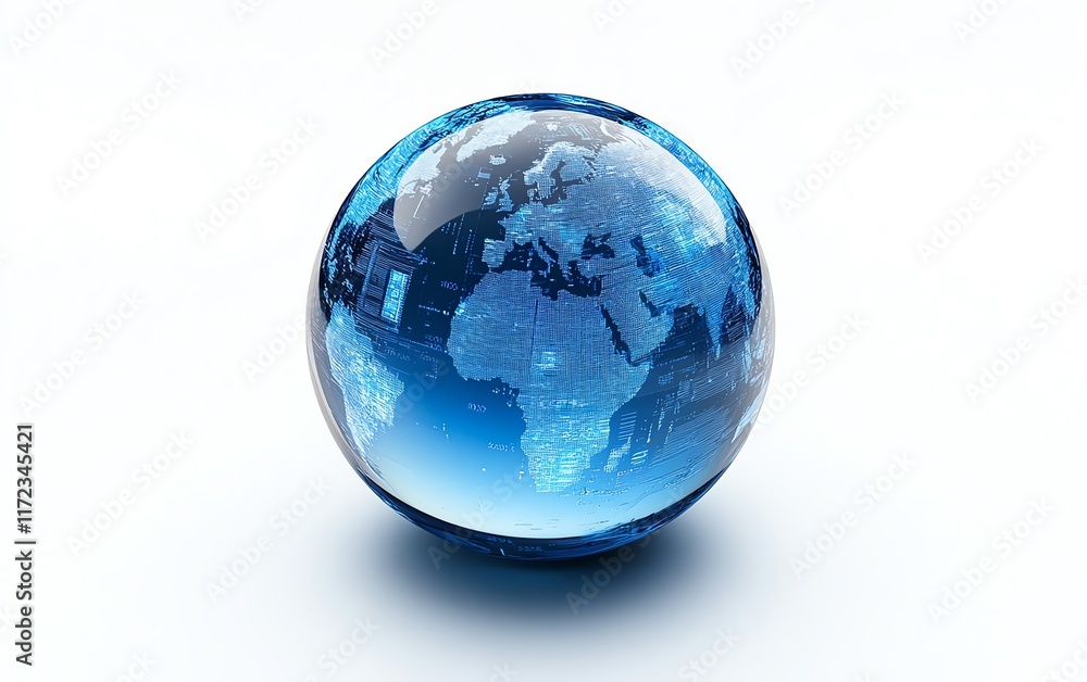 Poster a detailed blue glass globe, showcasing data blocks and dynamic lines of information technology, all