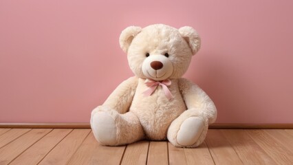 Obraz premium A fluffy brown teddy bear sitting on floor, isolated and cuddly, perfect for childhood memories and as a lovable gift