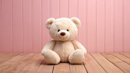 Fototapeta premium A fluffy brown teddy bear sitting on floor, isolated and cuddly, perfect for childhood memories and as a lovable gift