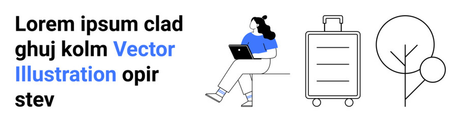 Woman with laptop, suitcase, stylized tree, and dummy text. Ideal for travel, lifestyle, work, remote work, technology, minimalism, landing page
