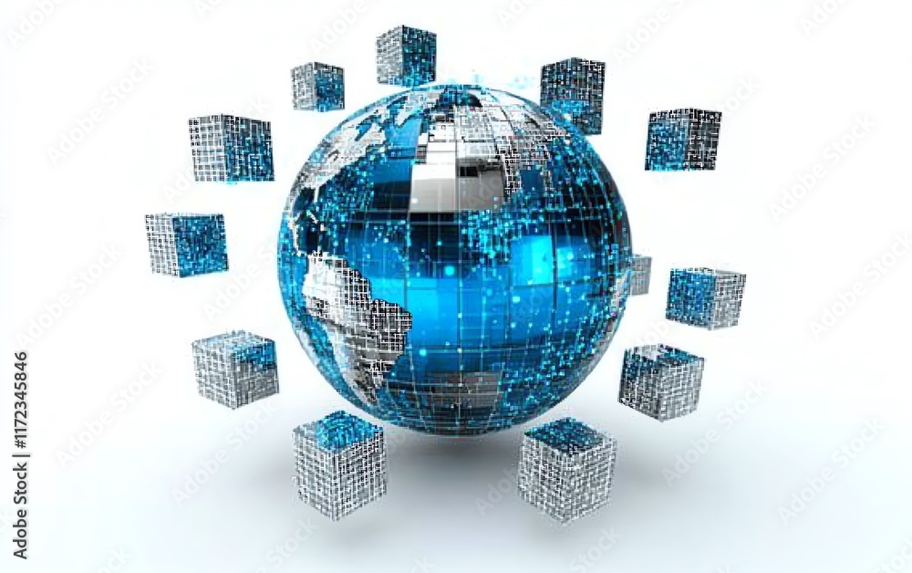 Poster a digital globe in blue and silver, set on a white background, with surrounding small cube icons sym