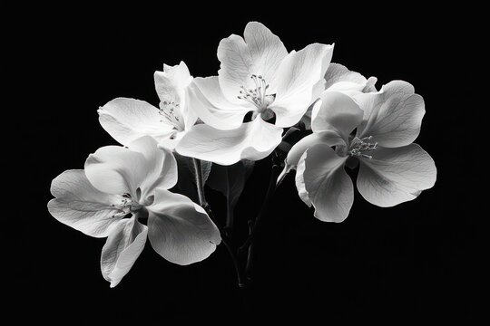 A minimalistic image of flowering apple blossoms in vibrant white tones, isolated on black for contrast.