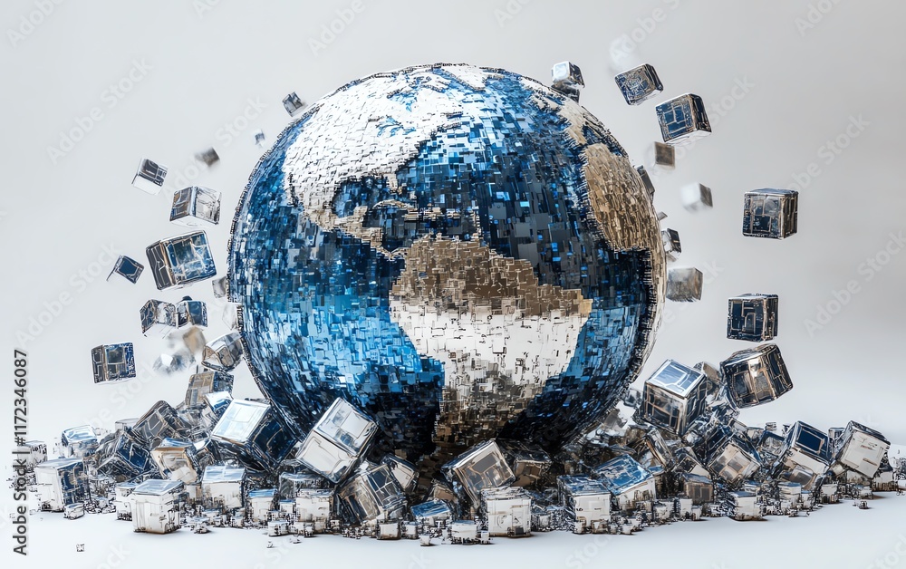Poster a digital globe in blue and silver, set on a white background, with surrounding small cube icons sym