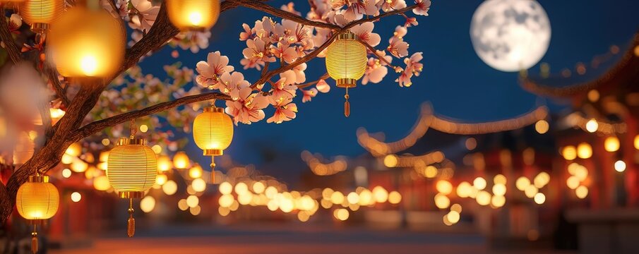 Chinese new year lanterns unity concept. Rows of lanterns lighting a moonlit village, glowing golden accents creating a sense of shared heritage and connection