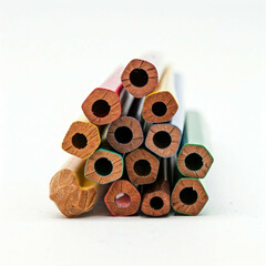 Fototapeta premium close up of a stack of multi colored pencils on white background showing cross section and lead