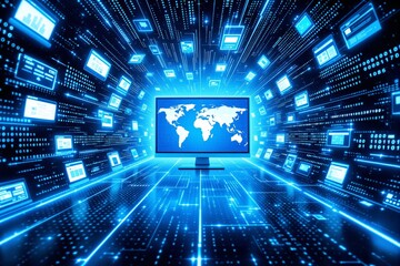 A computer monitor displaying a world map surrounded by streams of data and digital elements on a glowing blue background. Concept of technology. Ai generative.
